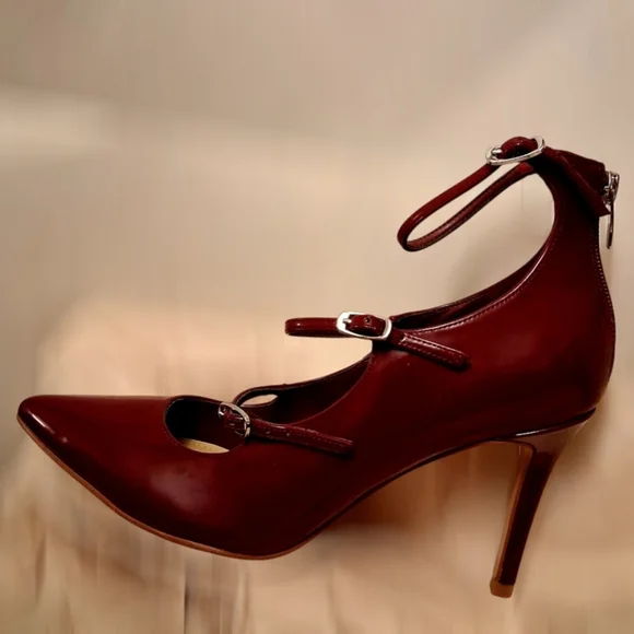 MARC FISHER Burgundy Patent Leather Strappy Pointed Toe Heels Ankle Strap Size 8 - Picture 4 of 13